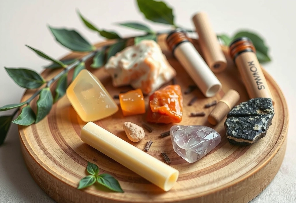 Natural botanical ingredients and wellness minerals arranged aesthetically